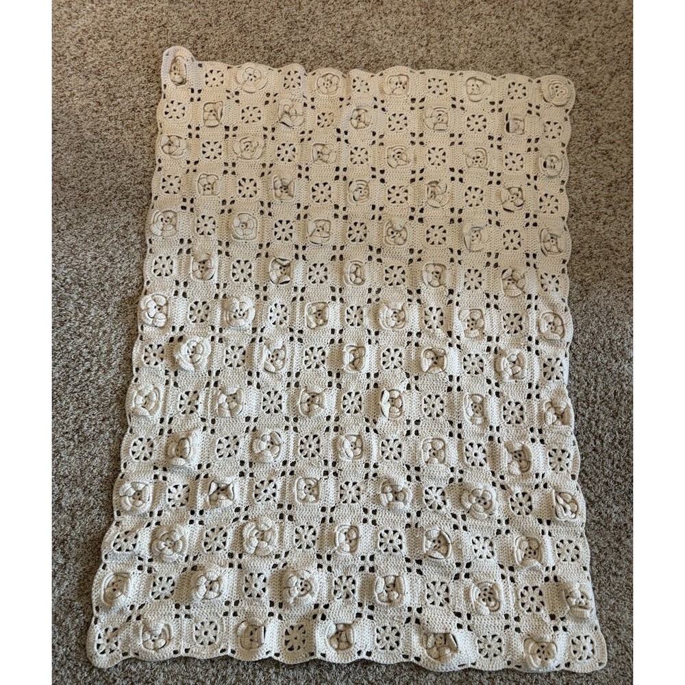Vintage Handmade Granny Square Crochet Afghan Blanket 3D Flower Cream 57" x 43"